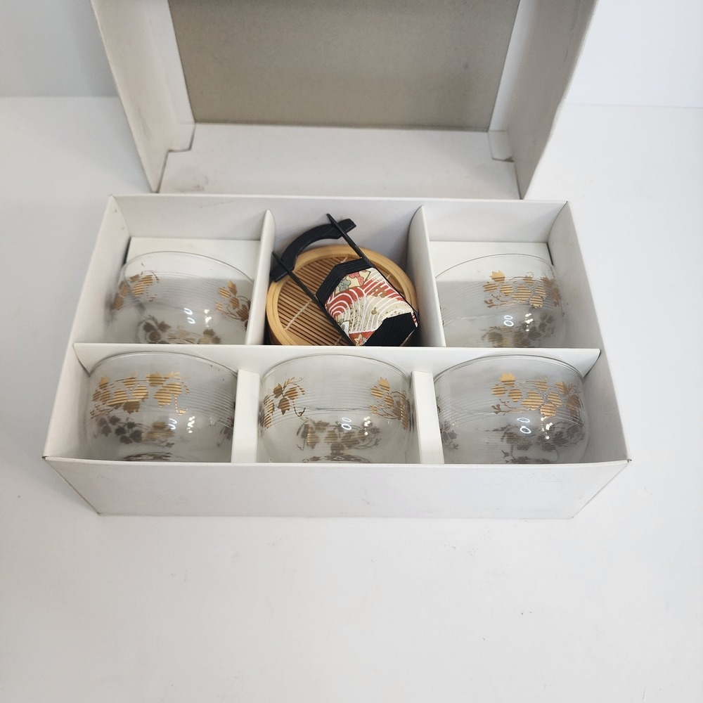 Unbranded Japanese Tea‎ Cup Set Clear Gold Leaf Vine Glass Bamboo 5pc Set